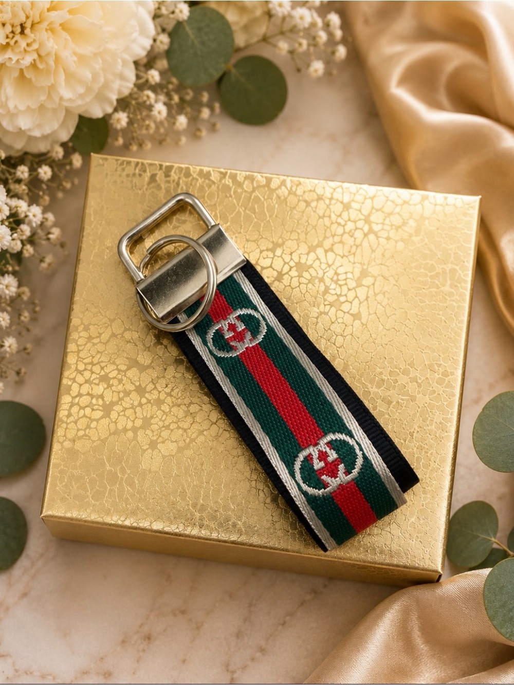 Handcrafted Upcycled Gucci Ribbon Keychain - Picture 3 of 3